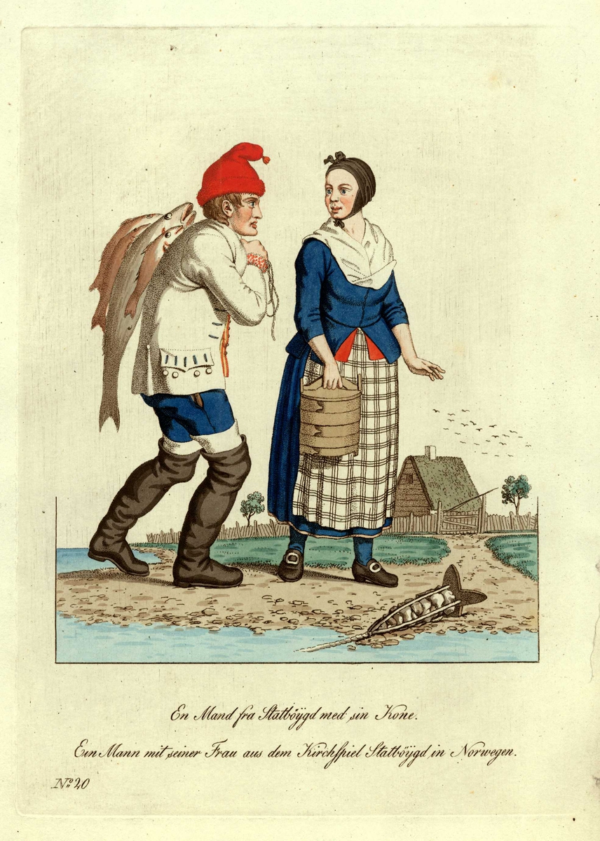 Mann og kone i folkedrakter fra Stadsbygd, Rissa, Sør-Trøndelag, han bærer fisk på ryggen, hun har ei  sveipet tine i hånden. Et søkke(?) ligger på bakken.