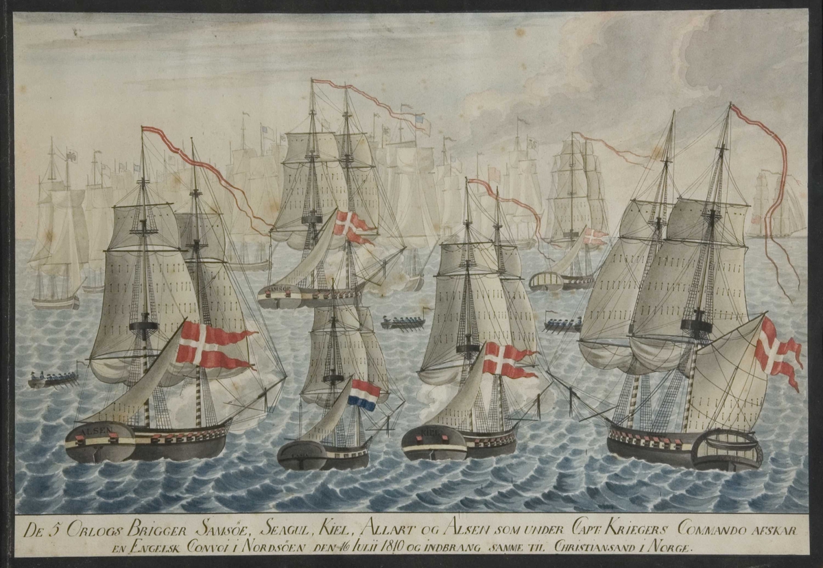 Den danske flåtes avskjæring av engelsk konvoi i Nordsjøen 1810: seilskip med danske orlogsflaggflagg. Himmel lysegrå,  sjø i blåtoner.