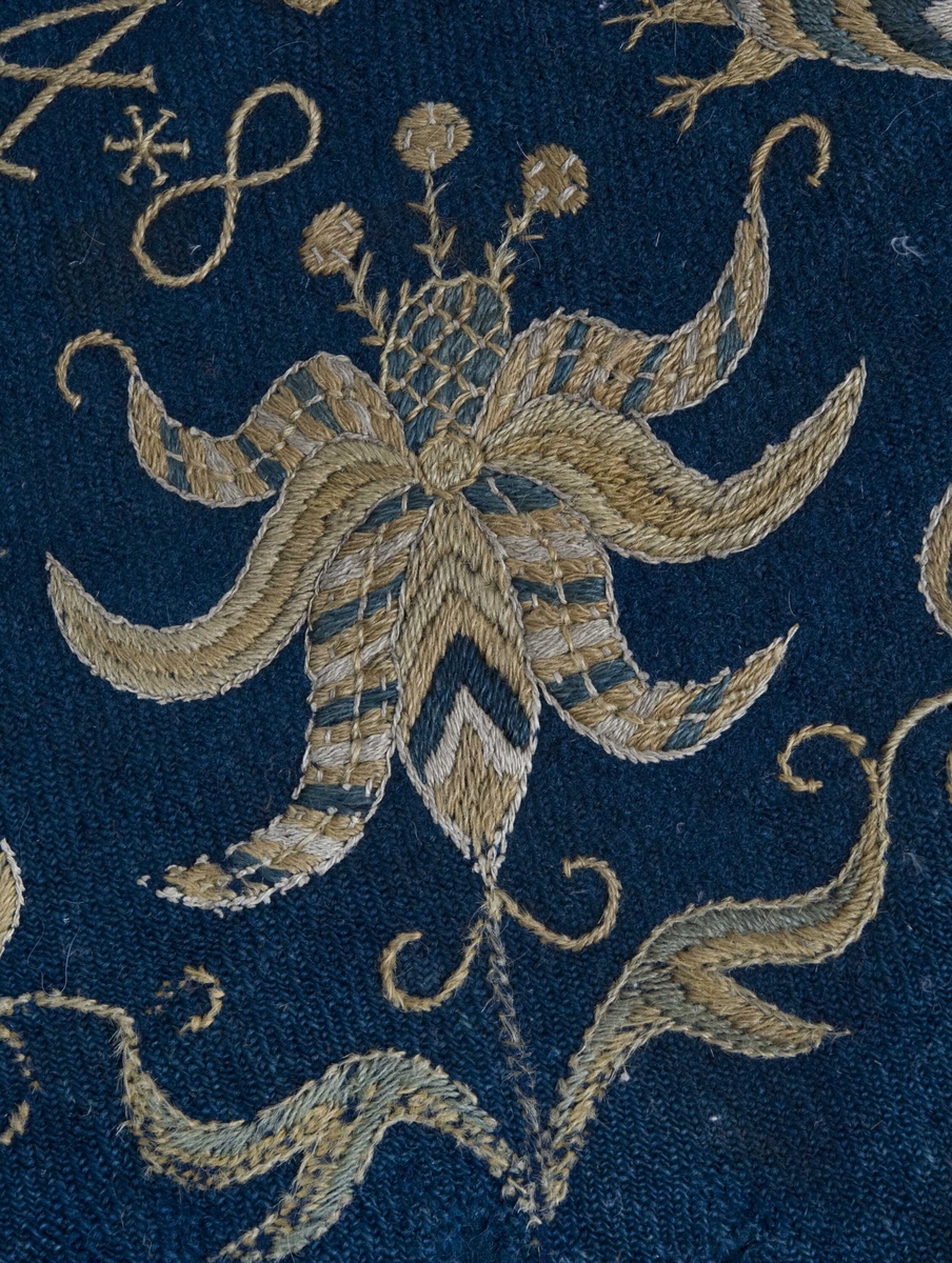 Mørkblå putetrekk med brodert dekor i ull.