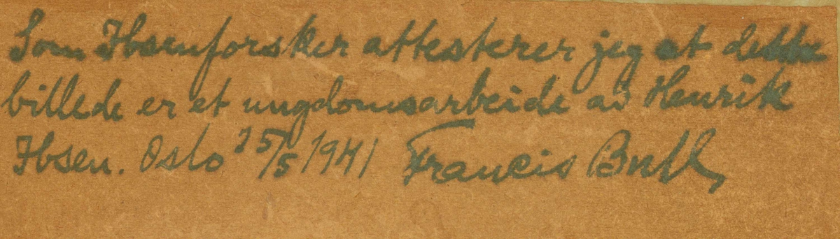 Oppstillingsliste: "Ramme: Forgylt / Henrik Ibsen: Vøringsfossen // Innskrift på baksiden sign. Francis Bull."
Akvarell i ramme.