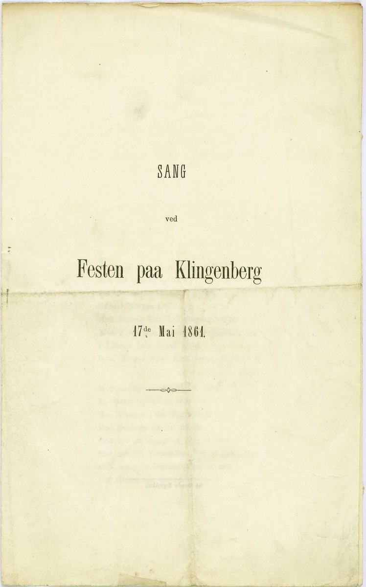 Oppstillingsliste: " Flyveblad / Papir / Henrik Ibsen: Sang ved Festen paa Klingenberg 17de Mai 1861."
