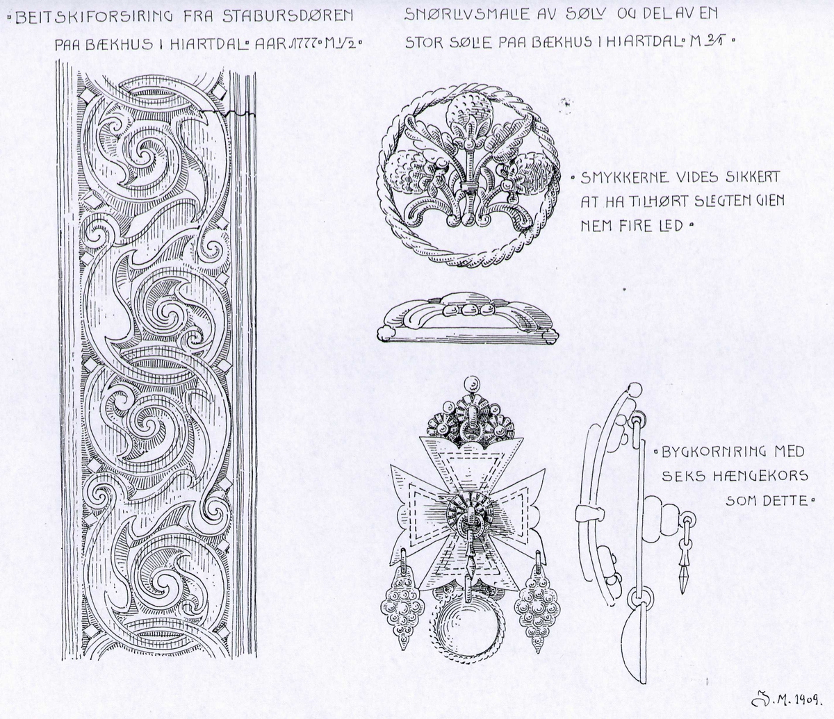 Johan J. Meyers tegning (1909) av detalj av beitski samt diverse sølvsmykker, Bekkhus, Hjartdal, Telemark.