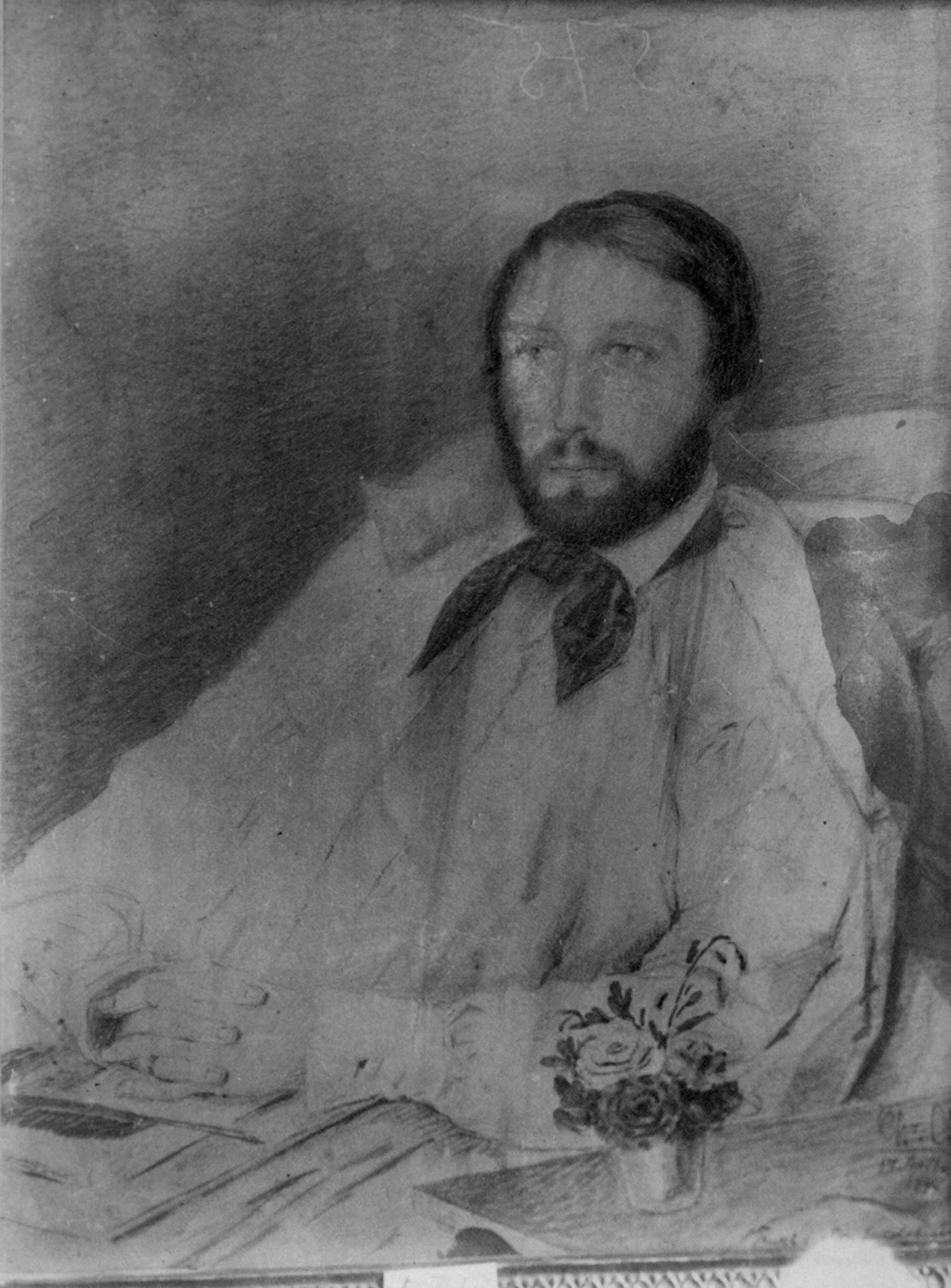 Portrett av Henrik Wergeland, tegnet av Chr. Olsen, 1844. Sittende i sengen med fullskjegg uten briller.