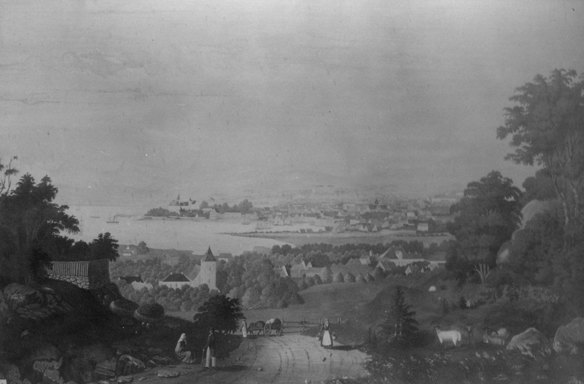 Oslo, 1940-årene. Gouasche med utsikt over byen og fjorden fra Ekeberg. "Den Kulturhistoriske Udstilling i Kristiania 1901" på NF.
