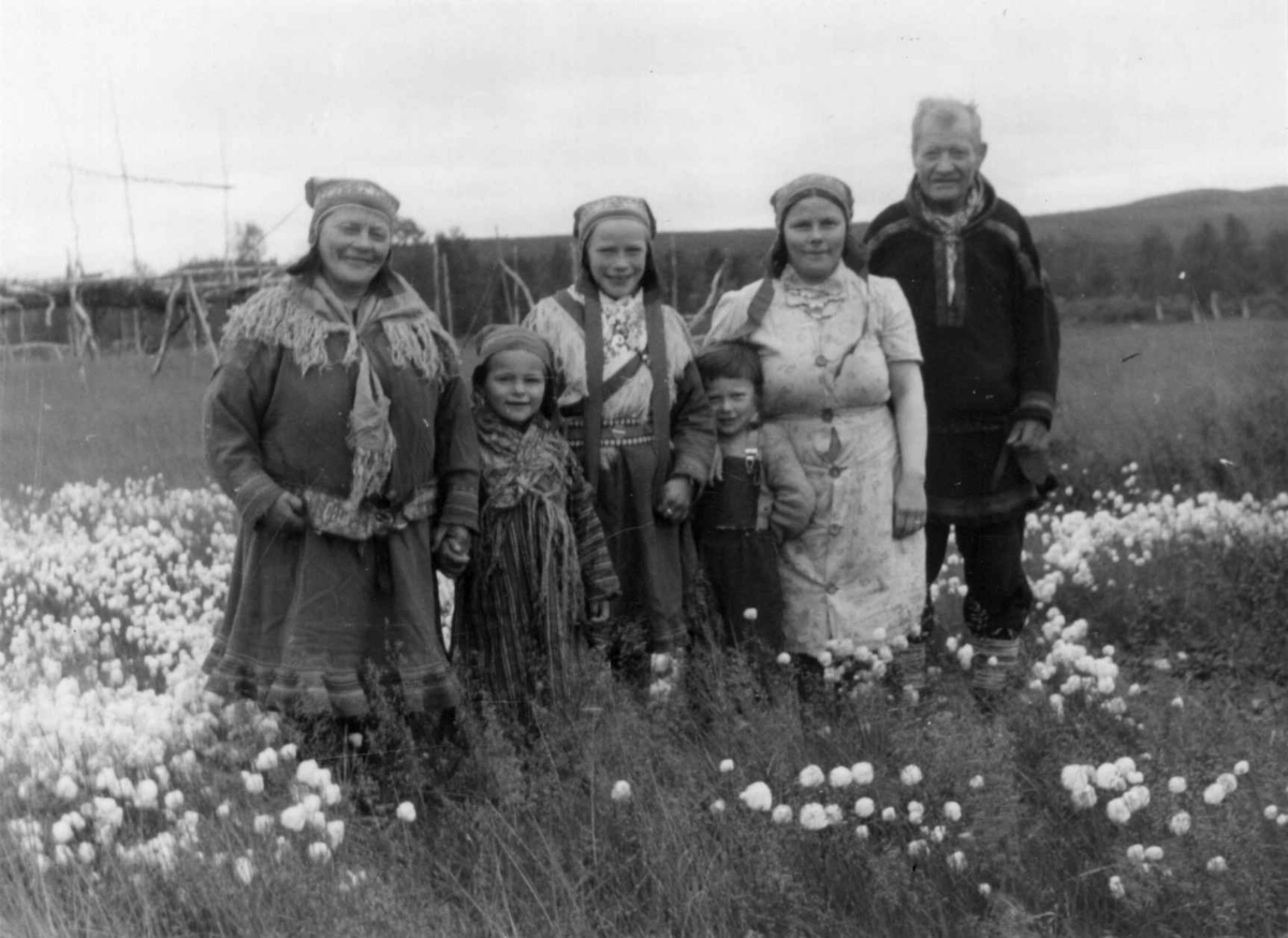 Personene er fra venstre: Sara N. Sara, Kristine Sara N. Gaup, Ellen Susanne Skum Hansen, Ole Henrik Magga, Ole Johansen Bær, 1952.