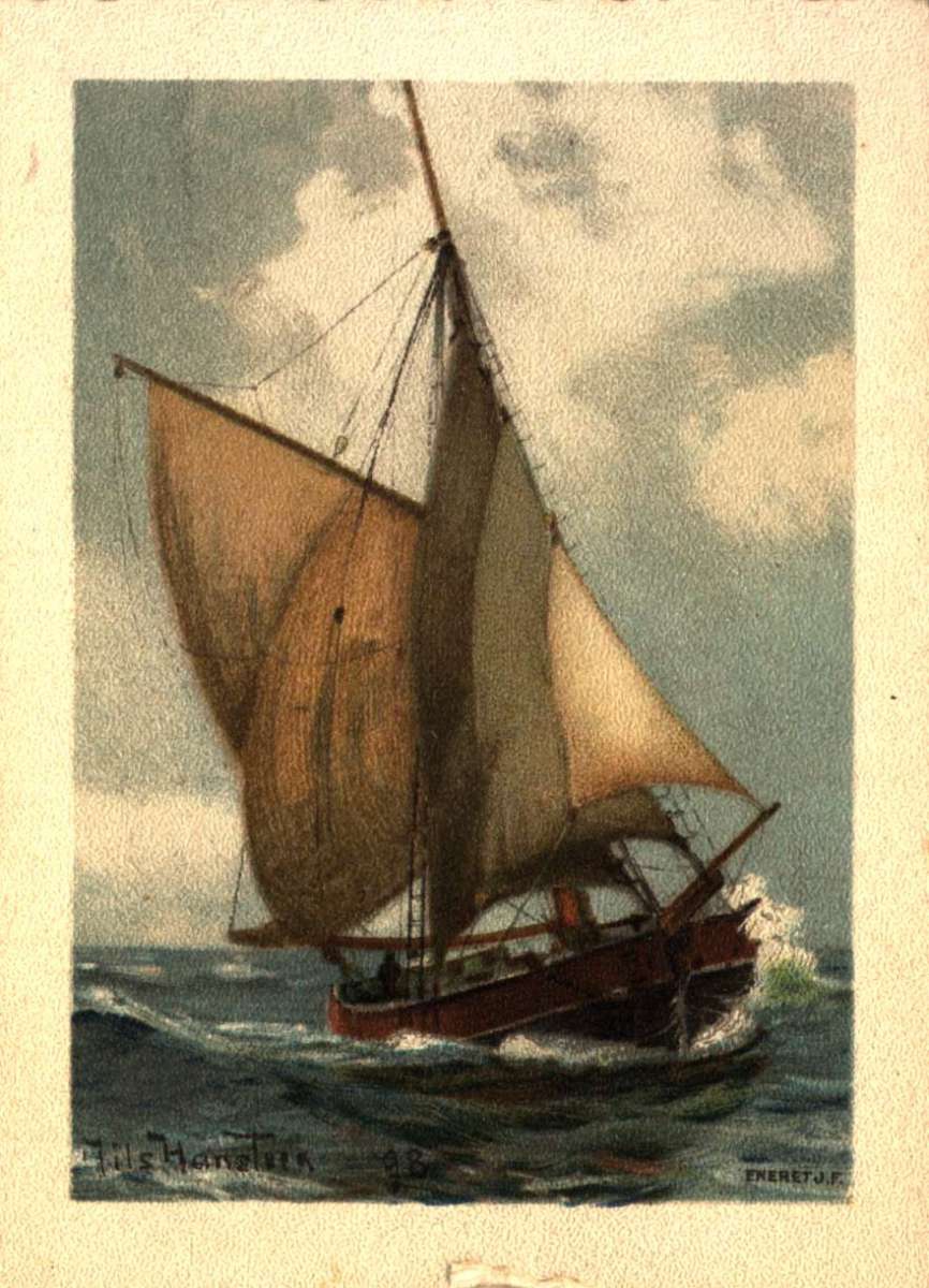 Postkort. Nyttårshilsen. Seilbåt til sjøs, signert Nils Hansteen -98. Kortet datert 1. januar 1901.