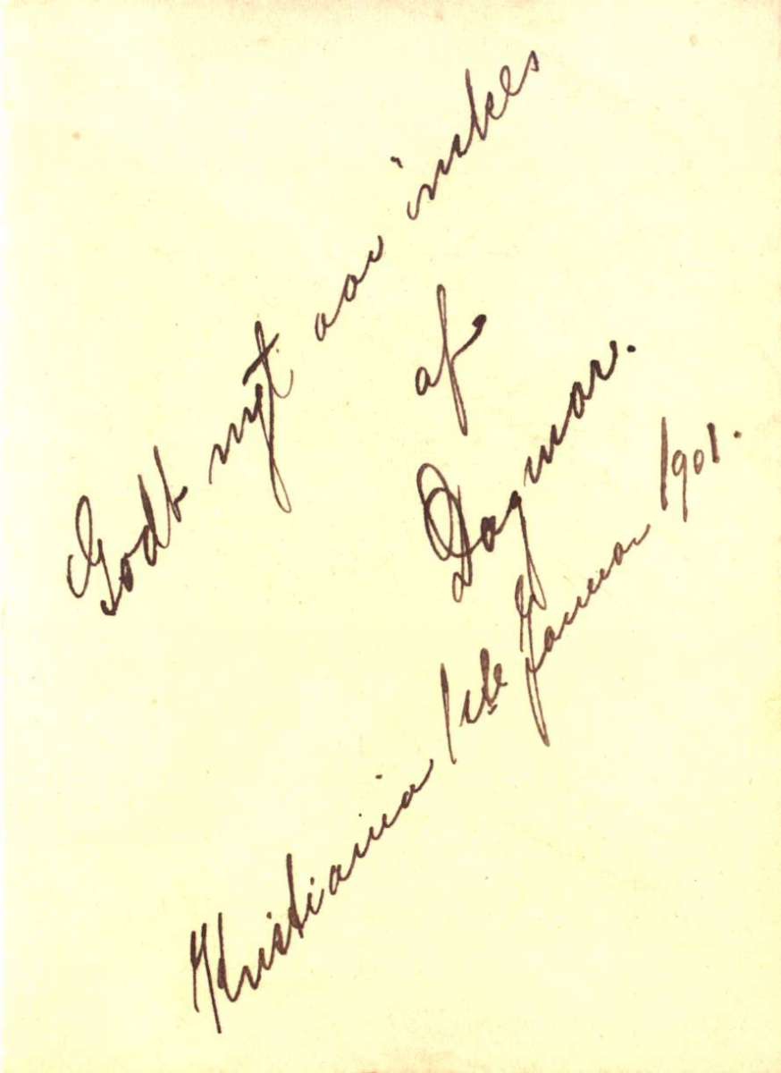 Postkort. Nyttårshilsen. Seilbåt til sjøs, signert Nils Hansteen -98. Kortet datert 1. januar 1901.