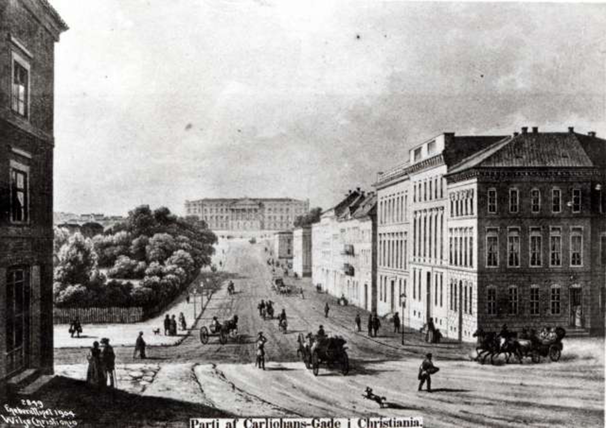 Karl Johans gate, Oslo ca. 1840-50. Gatebilde mot slottet. Avfotografert fra eldre trykk av Wilse.