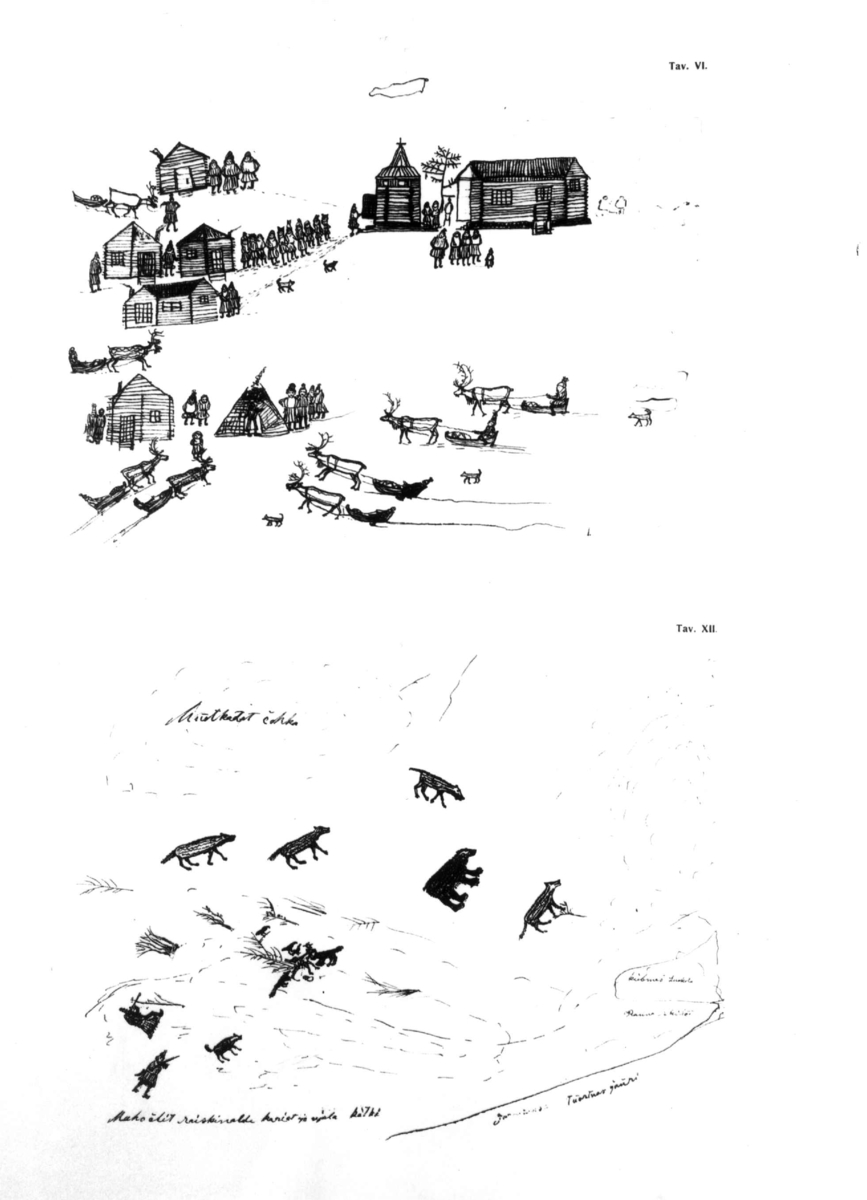 "Muittalus Samid Birra" av Johan Turi. 2. opplag 1910. I kirkebyen. En jaktscene.