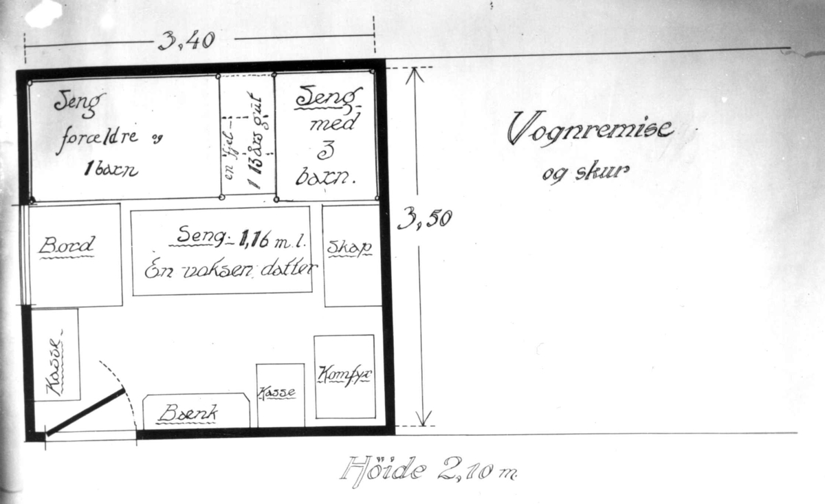 Grunnriss av beboelsesrom med oppgitt botetthet og møblering med sengeplasser. Rommet ligger ved vognremisse og skur, muligens på Rodeløkka, Oslo.
Fra boliginspektør Nanna Brochs boligundersøkelser i Oslo 1920-årene.