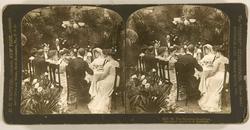 Stereoskopi. Brudepar og gjester spiser bryllupsforkost i fe