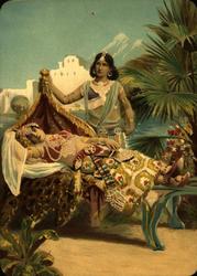 Postkort. Julehilsen. Sommermotiv fra Østen. En kvinne hvile