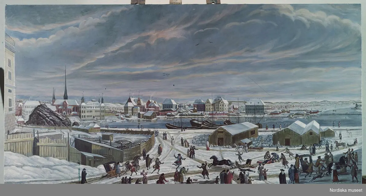 Vinterbild av nedre Slottsbacken och Skeppsbron mot Blasieholmen och palatset Makalös. Osignerad oljemålning från 1700-talets början med tvekan tillskriven bataljmålaren Johan Philip Lemke.