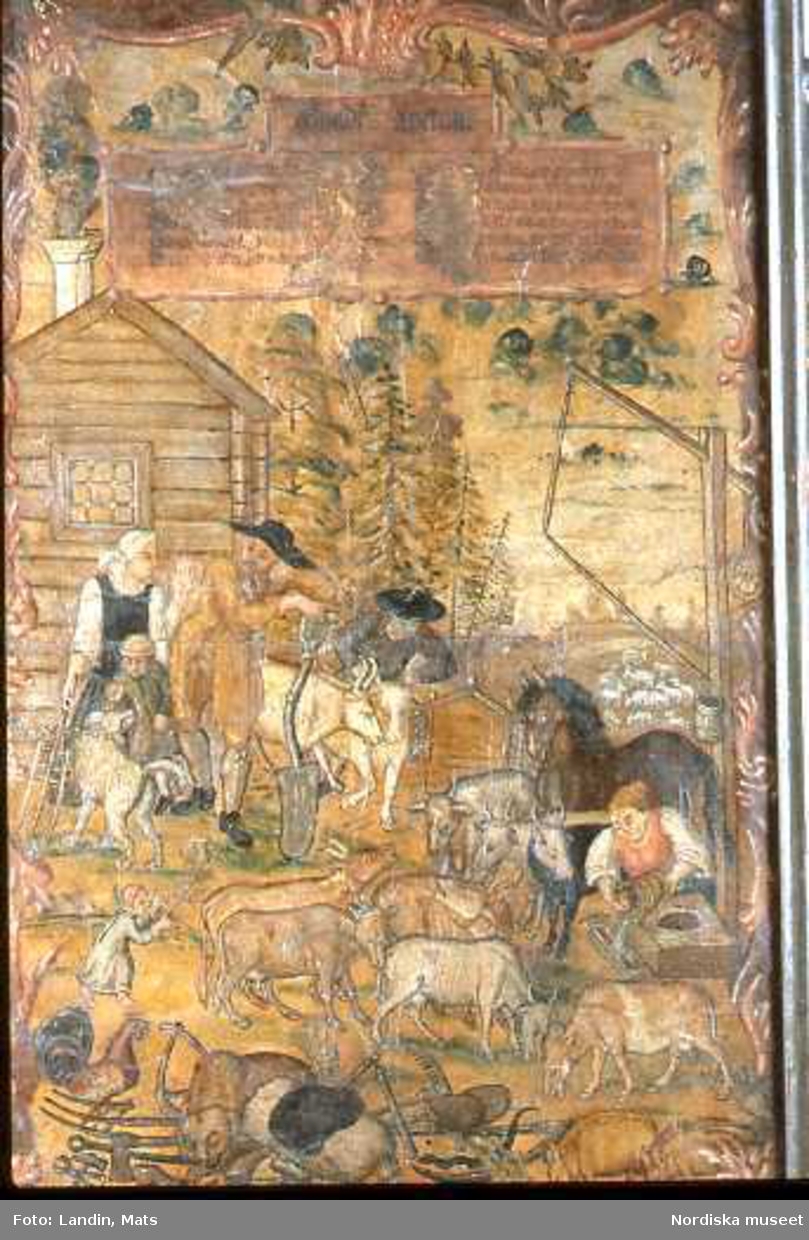 Bondelyckan. Målning som idylliserar bondens liv på 1700-talet."En åtta kos bonde som haver häst,gudfruktig och ärlig god granne därnäst,är lite låghalter,god vän med sin präst samt glad i sitt arbete, den mår allrabäst." Nordiska museets föremål inv.nr 37512.
