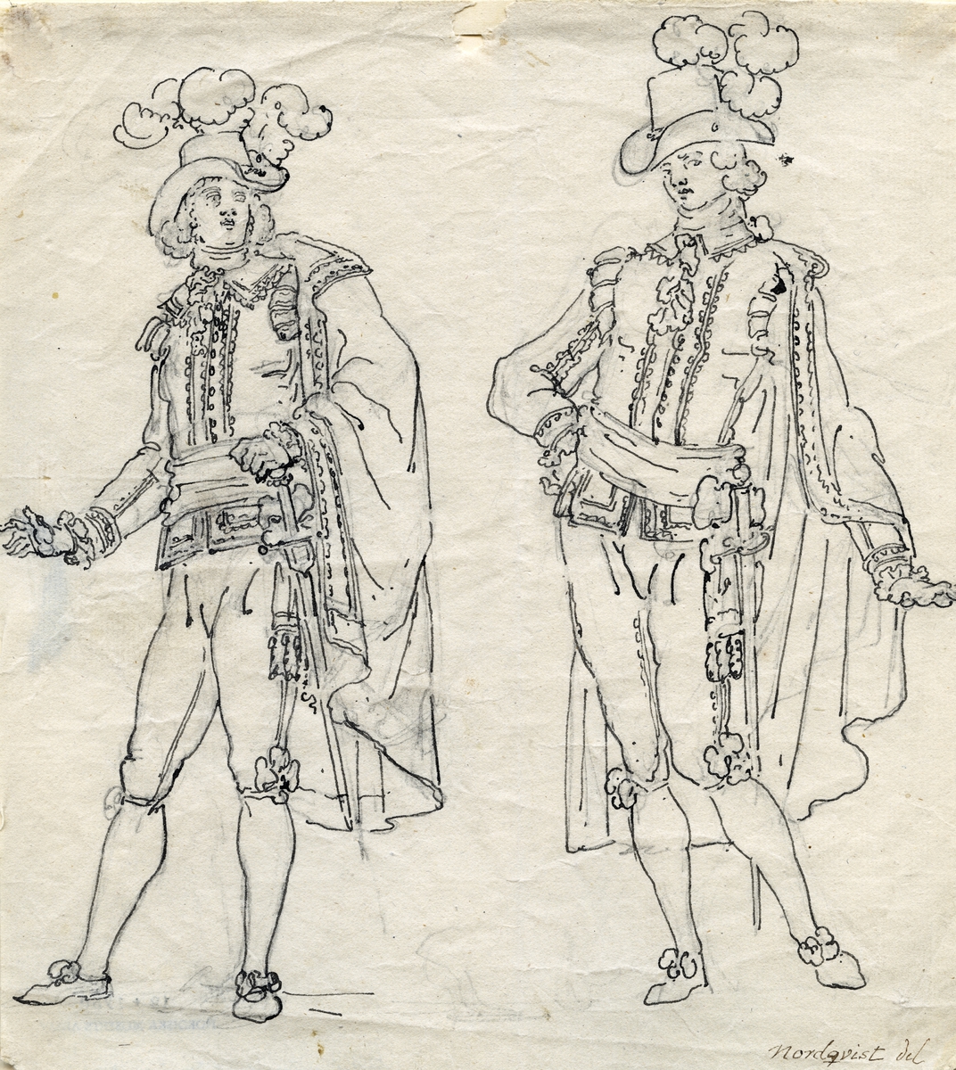 Två herrar i svenska dräkten. Odaterad teckning av Pehr Nordqvist (1770-1805).