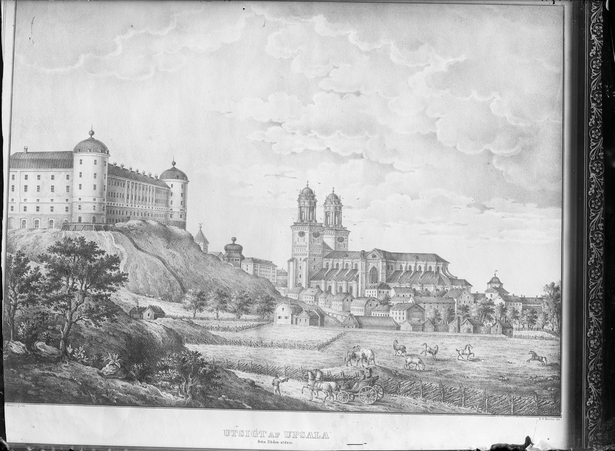 Kopparstick över Uppsala slott och Uppsala domkyrka av J. F. Martin, Uppsala före 1745
