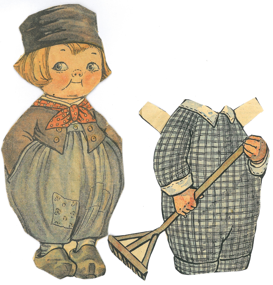 Papirdukke med klær som er klipt ut av avis/magasin. Dukken er montert på papp.

A- dukke, gutt med hollenderdrakt, tresko og lue, 19,5 x 8,5 cm
B- rutete drakt med rive, 12,5 x 10 cm