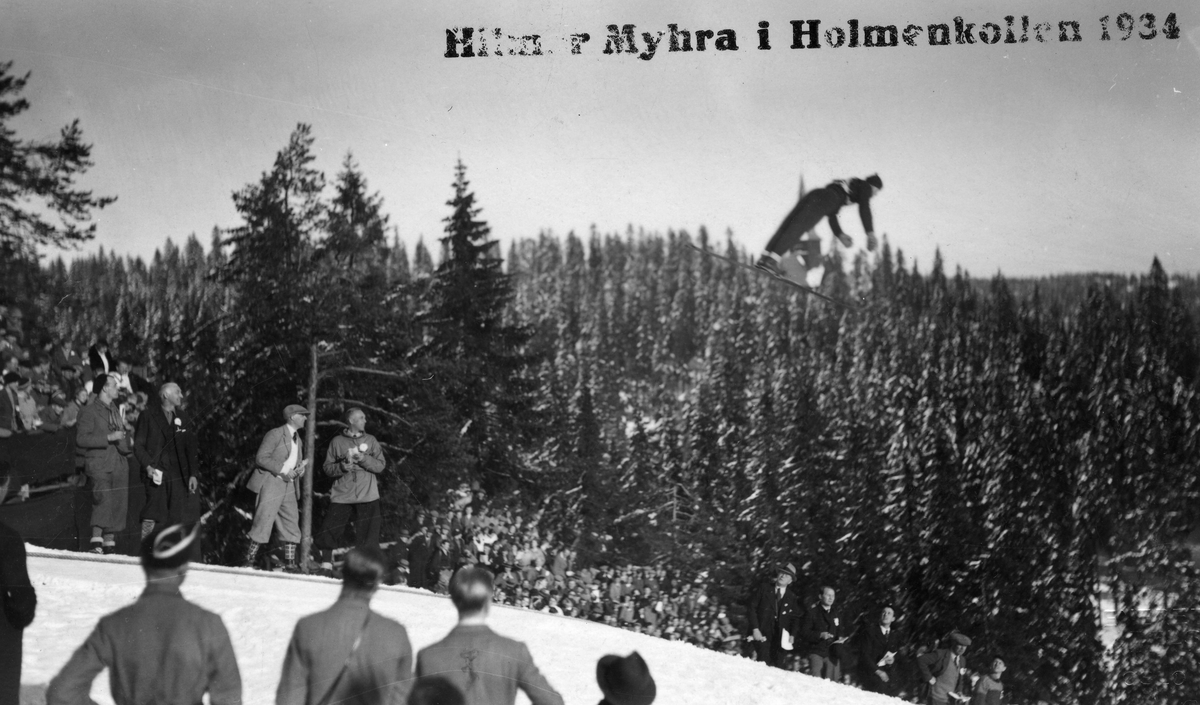 Hilmar Myhra i Hlmenkollen 1934. Hilmar Myhra in the Holmenkollen jumping hill 1934.