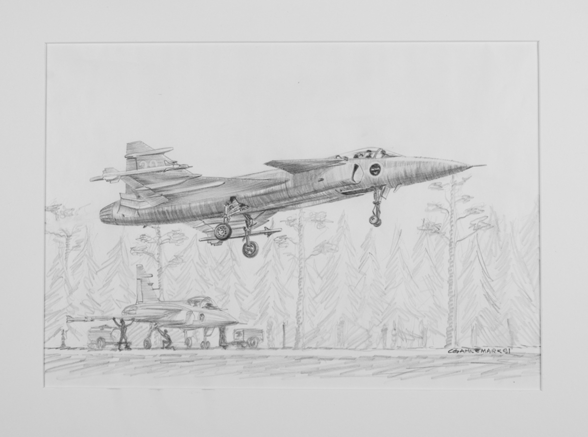 Blyertsmålning original av Flygplan JAS 39 Gripen. Flygplanet vid start från vägbas, 1st flygplan ståendes på marken och är under klargörande. Två personer synes arbeta med planet.