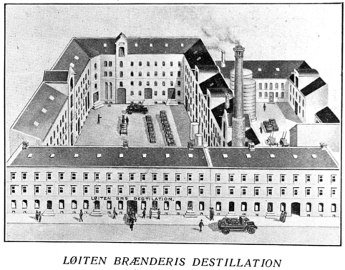 Tegning av Løiten Brænderis Destillation. Løiten Brenneri. 
