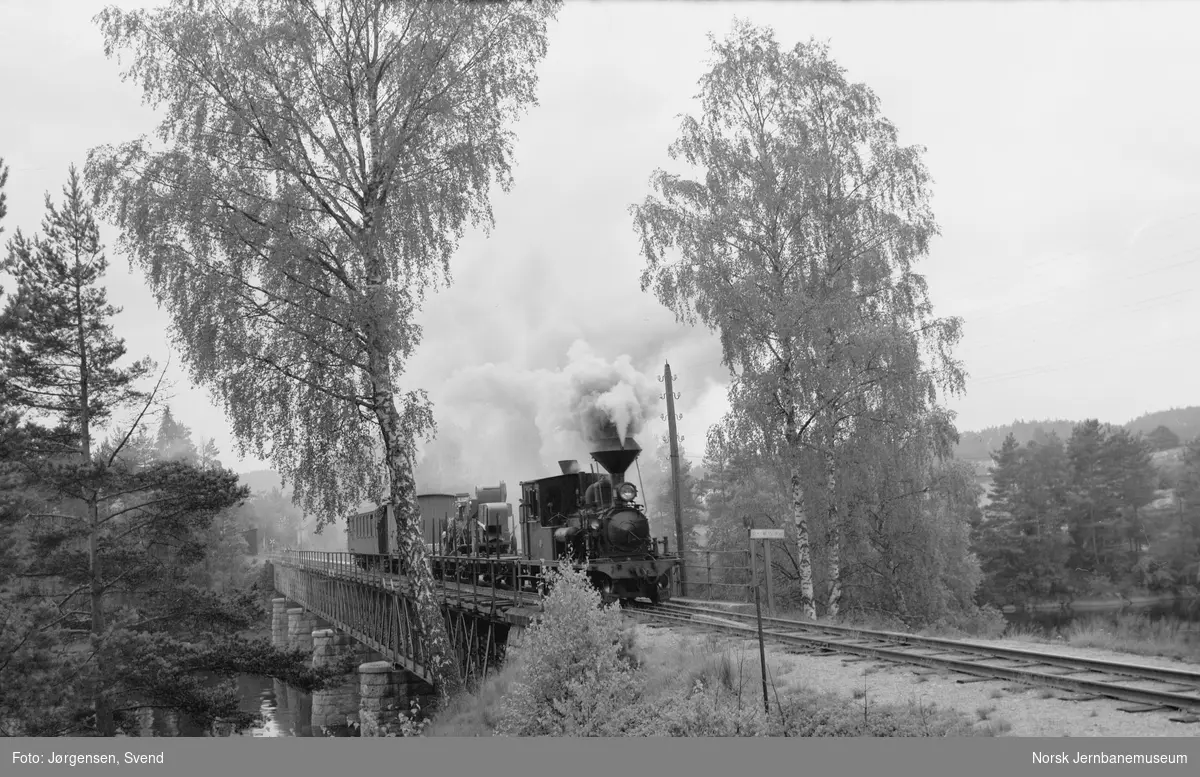 Godstog 5661 trukket av damplokomotiv på Hornnes bru