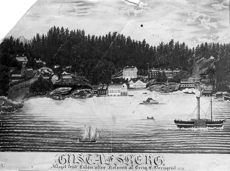 Gustafsberg.
Aftagit från Lillön efter naturen af Ervig V. Wernqvist. 1841.