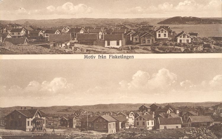 Tryckt text på kortet: "Motiv från Fisketången".
Noterat på kortet: "F. municipalsamhälle på 1920-talet. Övre delen: mot so.
Nedre delen: mot ö. skolhuset längst till v".