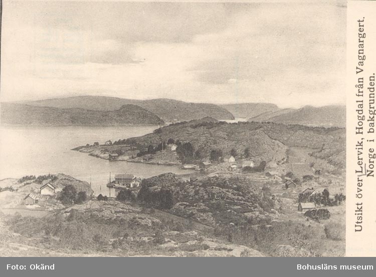 Tryckt text på kortet: "Utsikt över Lervik, Hogdal från Vagnargert. Norge i bakgrunden".
