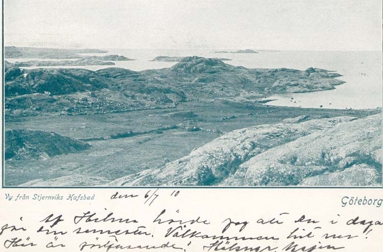 Tryckt text på kortet: "Vy från Stjernviks Hafsbad. Göteborg."
