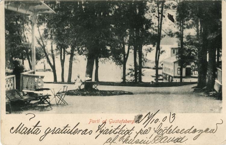 Tryckt text på vykortets framsida: "Parti af Gustafsberg."