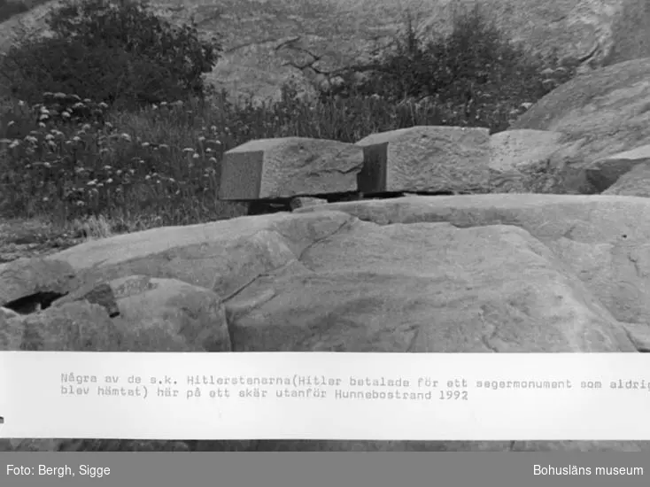 Enligt text på fotot: "Några av de s.k. Hitlerstenarna (Hitler betalade för ett segermonument som aldrig blev hämtat) här på ett skär utanför Hunnebostrand 1992".