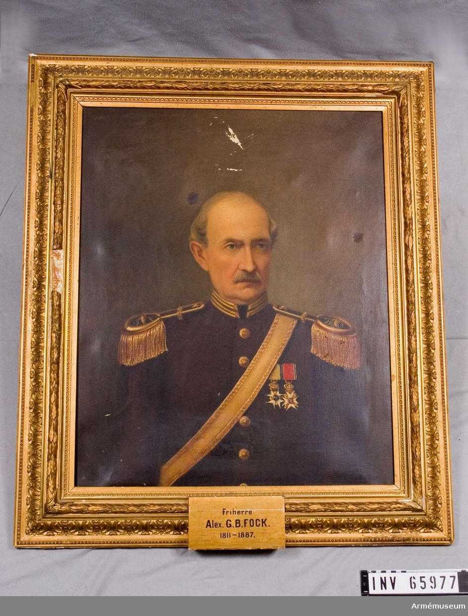 Grupp M I.
Målning föreställande friherren Alexander Georg Brandelius Fock (1811-1887) vid Svea artilleriregemente. Samhörande guldram.