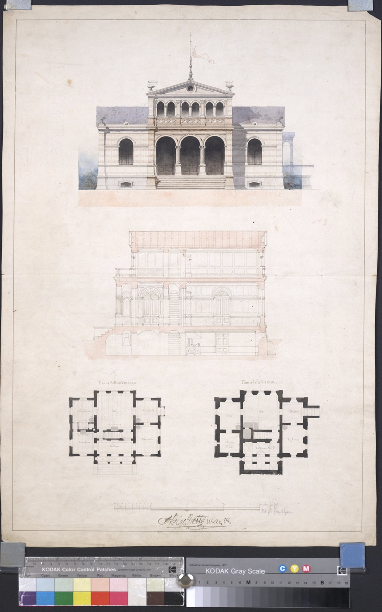 Villa
Plan, fasad, sektion. 1858.