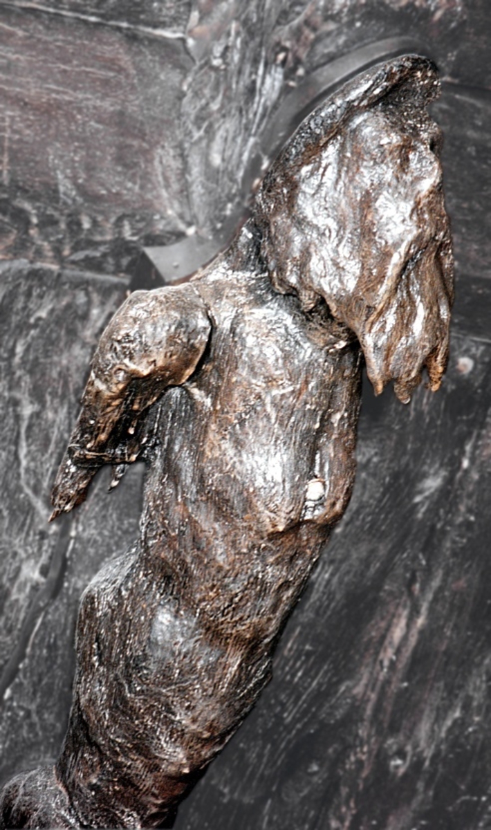 Lång och smal skulptur med den övre delen utformad som en triton och den undre som en karyatid.
Kvinnofiguren är stående på sockel, iförd löst draperad klädnad som hon skyler sig med med hjälp av vänster hand. Högra armen är kraftigt bakåtböjd och handen griper tag i tritonen upptill, vars tudelade, upprullade stjärt bildar en vulst ovanför kvinnans huvud.
Tritonens huvud har ett flikigt skägg och vingliknande utskott i axelhöjd. Ellipsformad volut sitter på ömse sidor av sockeln. Broskbildningar finns på varje sida av skulpturens vinkel. Spikskallar på framsidan.
Skulpturen utgörs av en konsol med slät bak- eller undersida och böjd i vinkel. Vinkeln är på baksidan markerad genom ett halvrunt urtag, 200-250 mm i diameter. Det övre vinkelbenet är nästan dubbelt så långt som det nedre.
Tritonen är sämre bevarad än den kvinnliga figuren.

Text in English: Long and slender sculpture with the upper section shaped as a Triton and the lower as a Caryatid.
The female figure stands on a base and is clad in a heavily pleated garment, worn from her head and down her flat back. The female figure is partially placed in front of the Triton which forms the console''s upper-side angle. The woman has her gown or dress loosely draped over her right shoulder and it therefore falls down her back. Her left hand holds the drape in place. Her right arm is held up towards the Triton whose divided fish tail forms a torus above her head.
The Triton''s head has a segmented beard and  wing-like protuberances at shoulder height. There are elliptical volutes on either side of the base.
The sculpture consists of a console with flat back or reverse and is curved at an angle. The angle is marked on the reverse side by a semi-circular recess, 200-250 mm in diameter. The upper side of the angle is almost twice as long as the lower side. Earshell work on the sculpture''s side angles.
The Triton is less well-preserved than the female figure.
