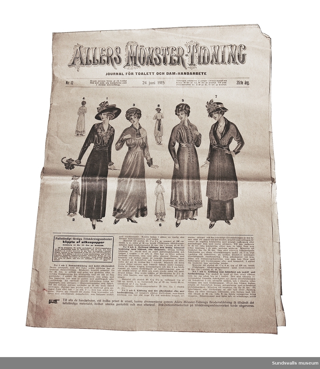 SuM 5641:1-4 fyra exemplar av Allers Mönster-Tidning Journal för toalett och dam-handarbete, nr. 18/1913, nr. 9/1914, nr. 12/1915, samt nr. 24/1915.