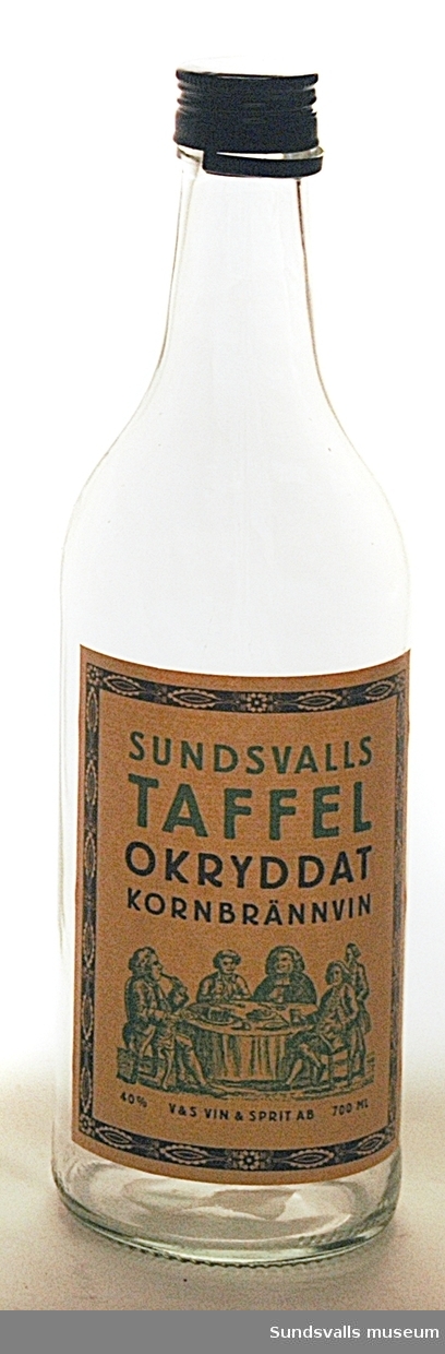 Fortsättning på fält 14: Sundsvalls Taffel okryddat kornbrännvin 40% V&S Vin & Sprit AB 700 ml. Sundsvalls Taffel är ett okryddat brännvin framställt av korn. 2:- pant ingår i priset-V&S Vin & Sprit AB
