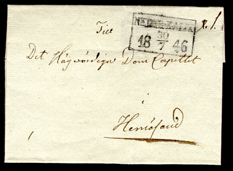 Albumblad innehållande 1 monterat förfilatelistiskt brev

Text: Brevomslag från Neder-Kalix den 30 juli 1846 till Hernösand

Stämpeltyp: Normalstämpel 7  typ 2