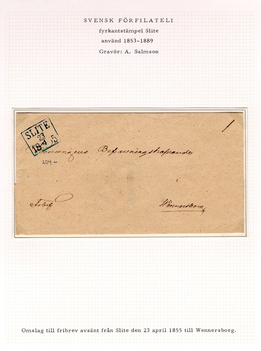 Albumblad innehållande 1 monterad förfilatelistiskt brev

Text: Omslag till fribrev avsänt från Slite den 23 april 1855 till
Wennerersborg

Etikett/posttjänst: Fribrev

Stämpeltyp: Normalstämpel 7