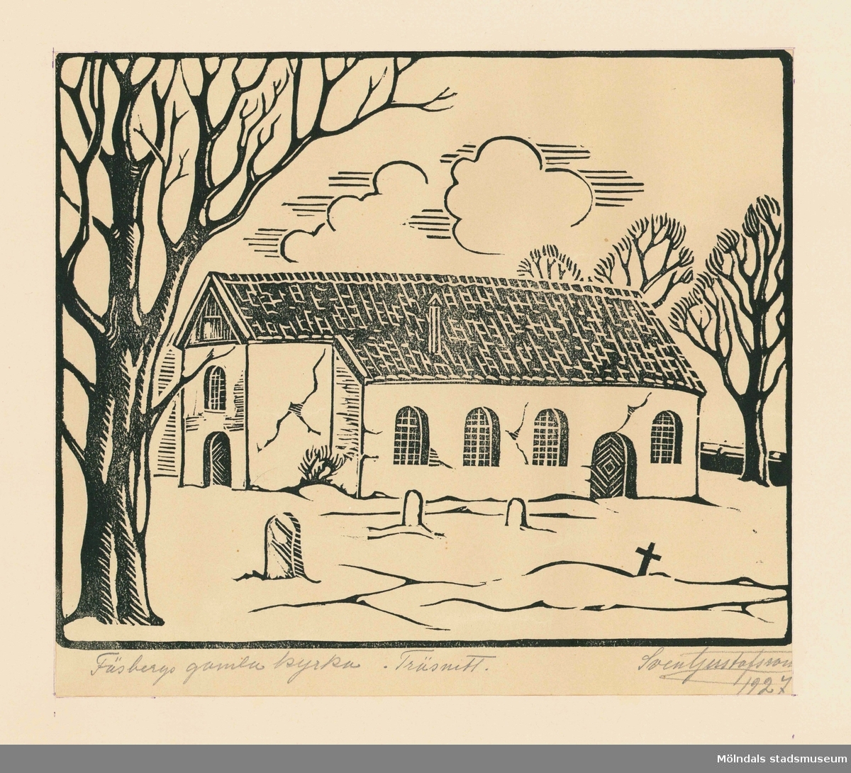 "Fässbergs gamla kyrka. Träsnitt". Bilden märkt i nedre hörn med blyerts; Sven Gustafsson, 1927.