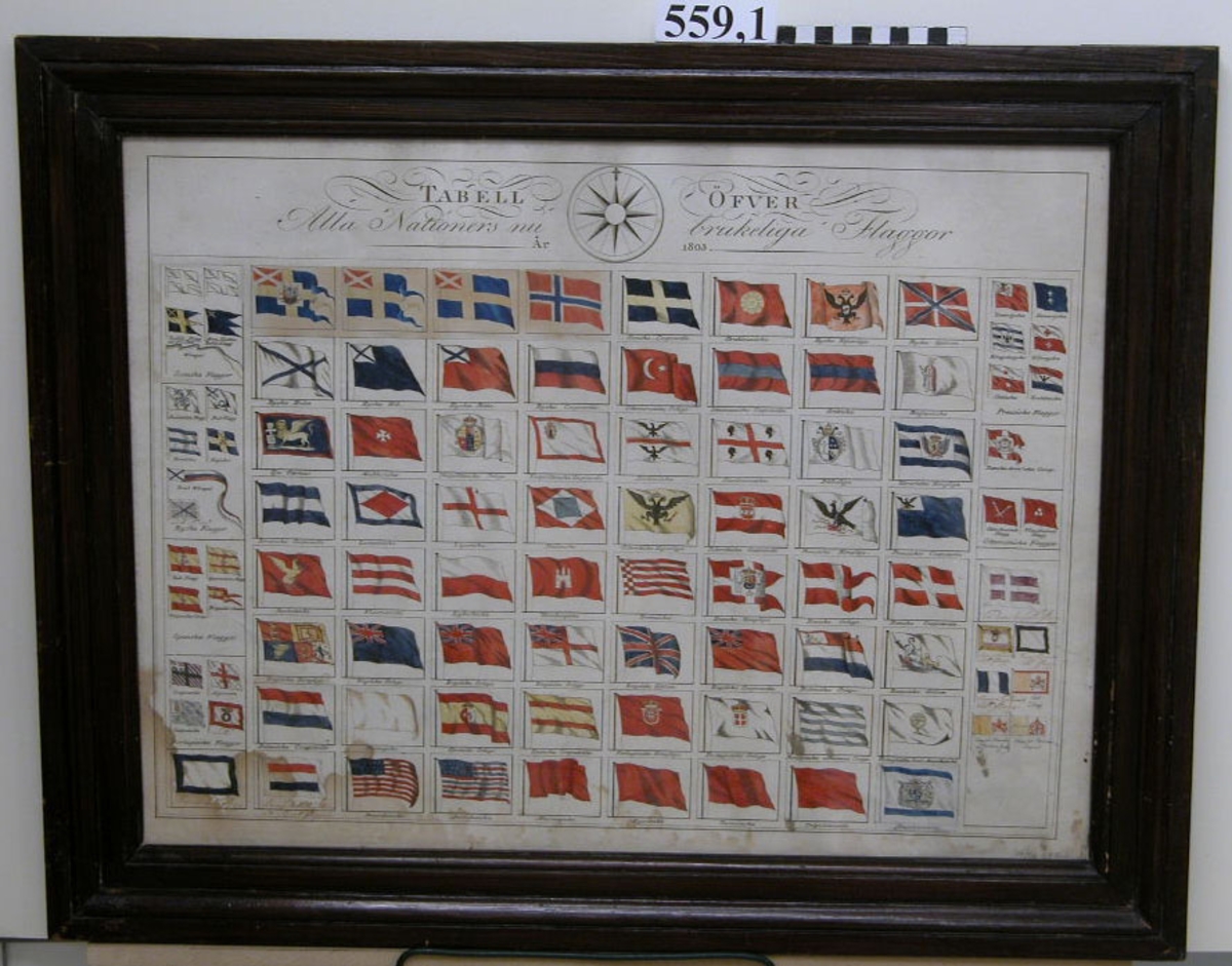 Tavla med bilder av olika nationers flaggor år 1805. Inom glas och polerad ram De utgör exemplar av en gravyr med handkolorerade flaggor, utförda av E Åkerlund år 1805. Den nedre (se foto 559,2) är Åkerlunds ursprungliga uppsättning.
Man kan särskilt lägga märke till den rika mångfalden italienska och tyska småstadsflaggor från tiden före Cavour och BÃ­smark. På den övre tavlan har en del förändringar vidtagits. Detta måste ha skett kort efter Wienkongressen år 1815. De svenska flaggorna har försetts med unionsmärket (det äldre, som användes åren 1815-1844) och arméns flottans helblå duk har fått försvinna. Napoleon och revolutionens franska trikolor har érsatts med de återvändande Bourbonernas helvita flagga.
