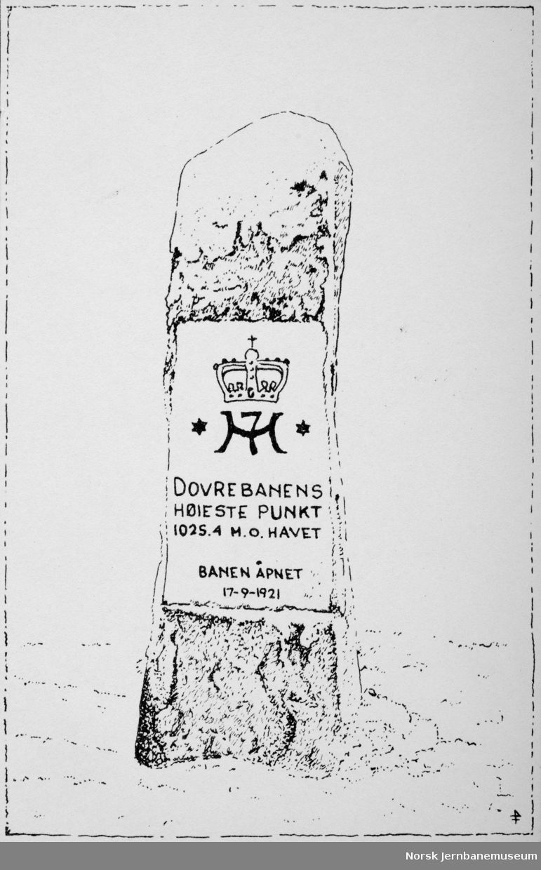 Tegning av minnesteinen ved Dovrebanens høyeste punkt på Hjerkinn