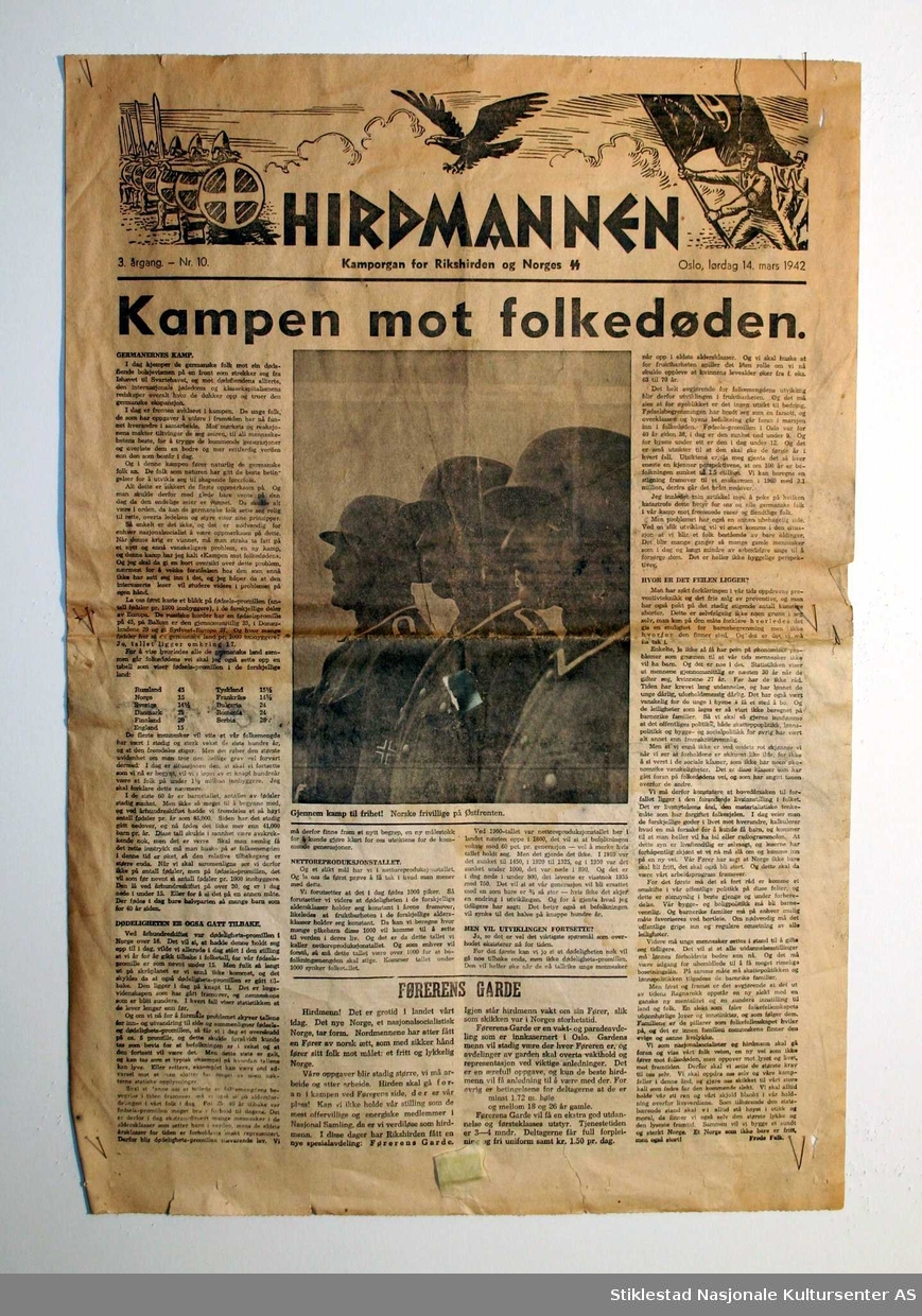 Avisen Hirdmannen, Norsk propagandaavis fra krigen, 4 sider  i Berlinerformat. Utgitt våren 1942. Illustrert med bilder.