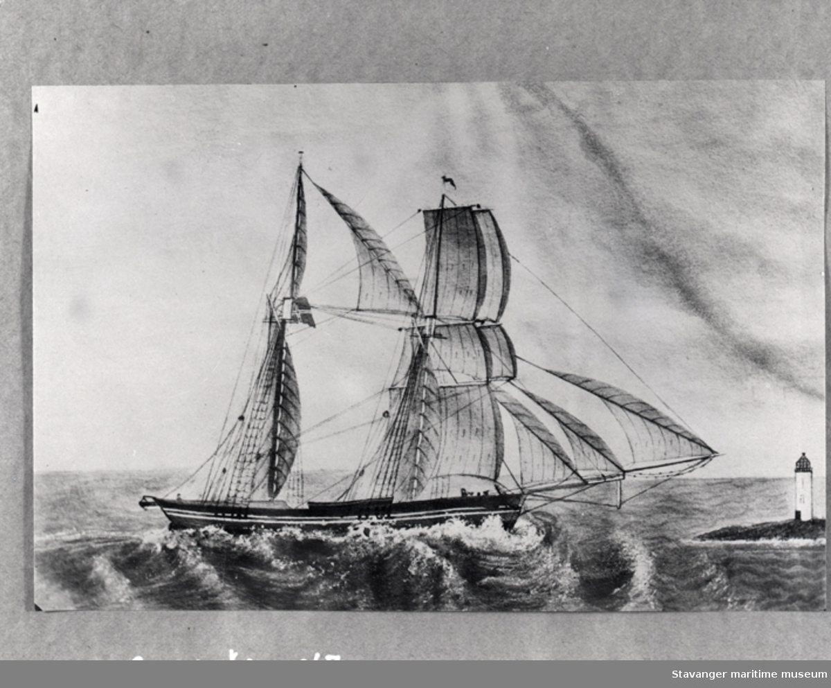 Avfotografert skipsportrett av skonnertbrigg "Elisa",  bygget i Stavanger 1857. Redere: Ploug & Sundt. Malt av W.Sundt.