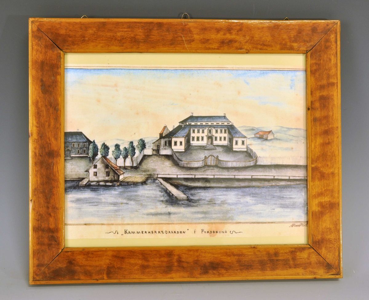 Fra protokoll: Kammerherregaarden i Porsgrùnd. Akvarel. Signeret: A. Hersleb fecit 1797