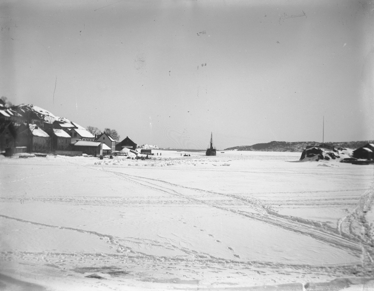 Utsikt over islagt fjord mellom Øya og Gunnarsholmen 15/3-1917. Kragerø