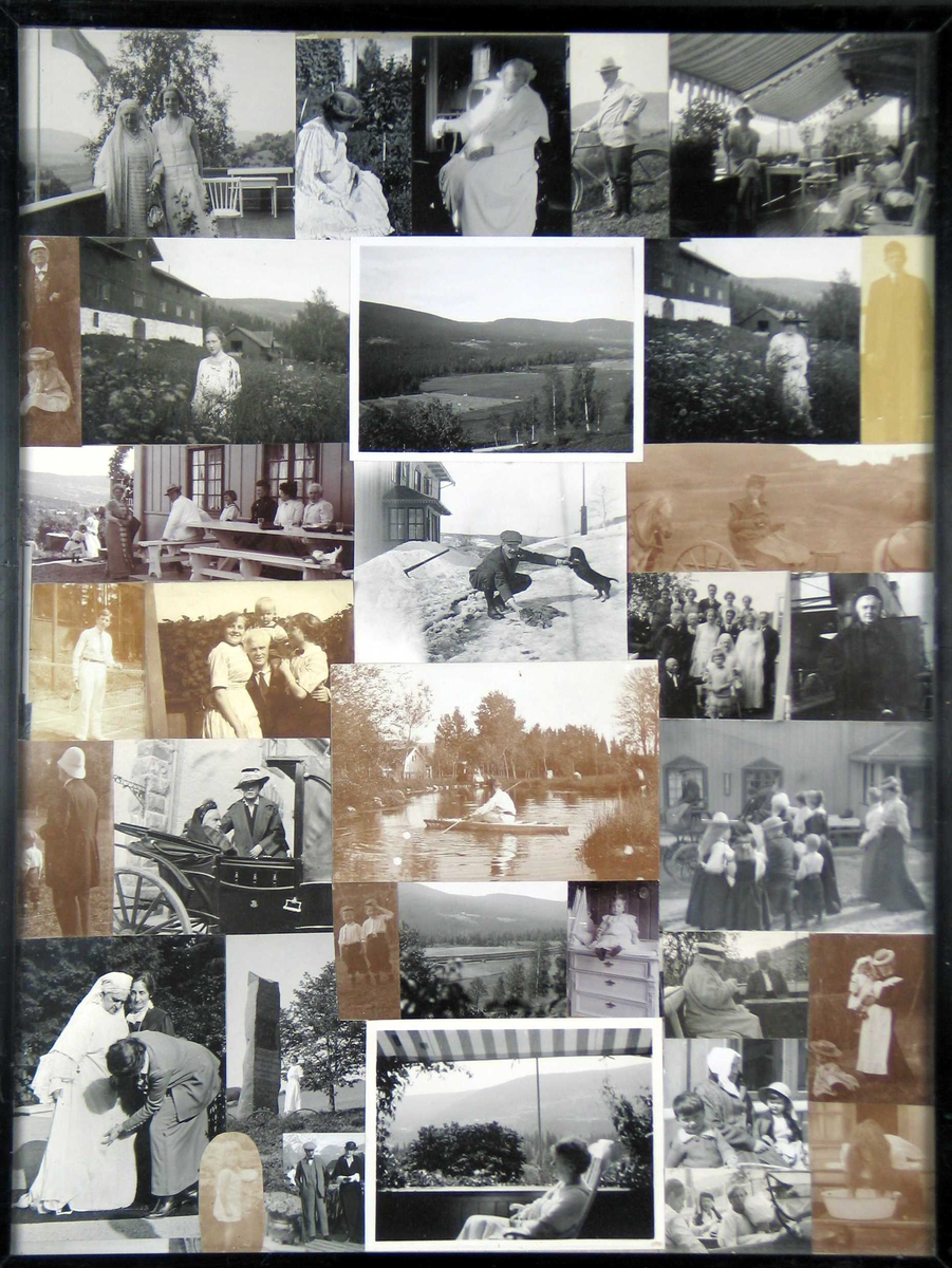 Fotomontasje i svart/hvitt rammet inn med glass og svart ramme. Amatørbilder.