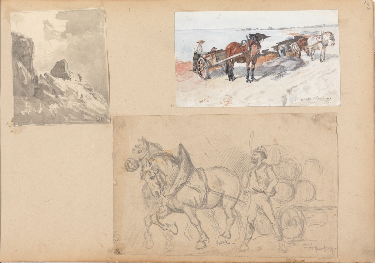 Fjellparti med reinsdyr; Tangkjørere på en strand; Hest og vogn [Tegning]