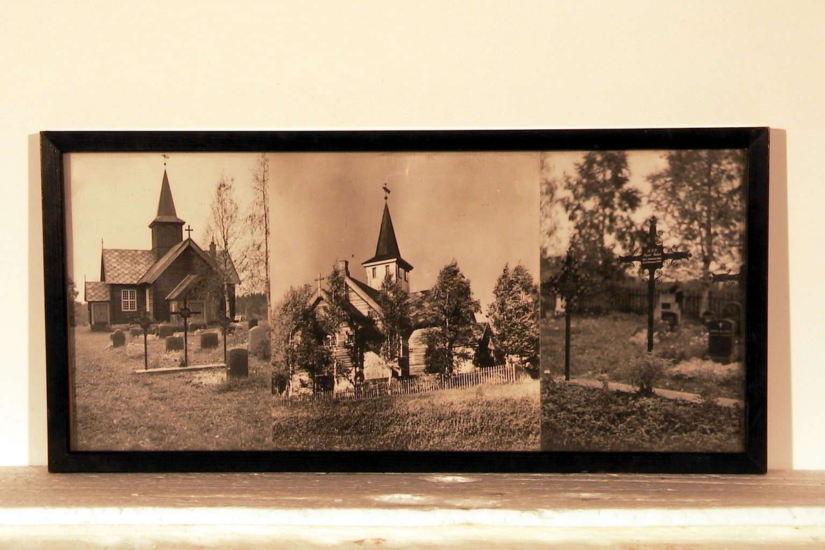 3 sort/hvite fotografier av Mesnalia kirke og kirkegård i glass og ramme. Rammen er sort.