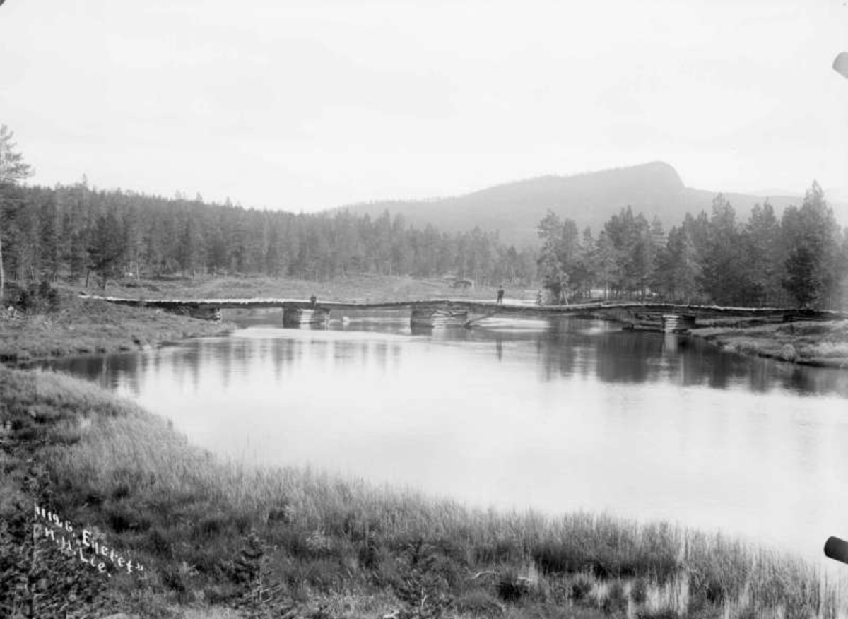 Nord-Fron 02.09.1908. Slangen bro ovenfra, elv, skog.