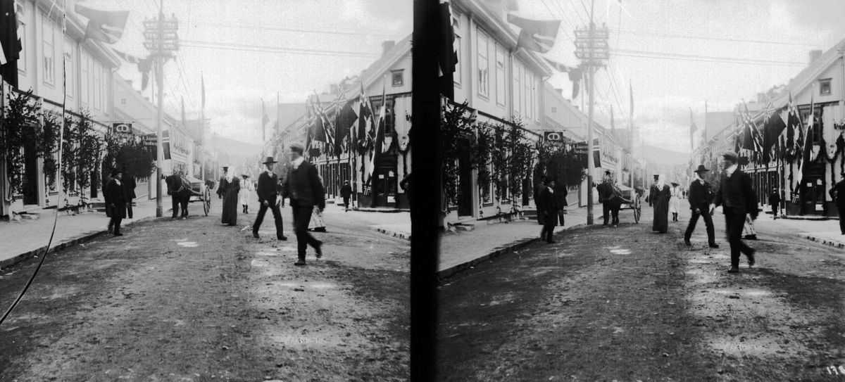Kort: Lillehammer, Storgata, Kroningsferden 1906 
Negativen knust på  venstre side